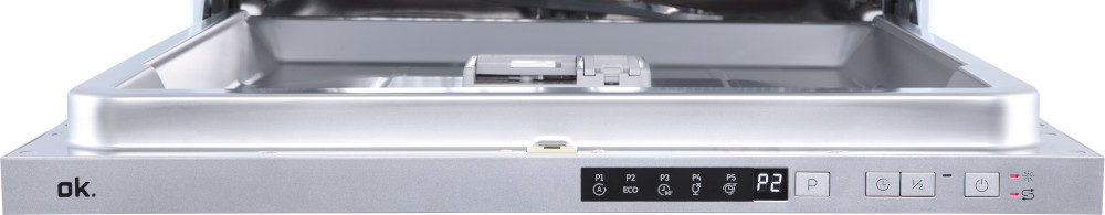 Open dishwasher interior with control panel and racks inside.