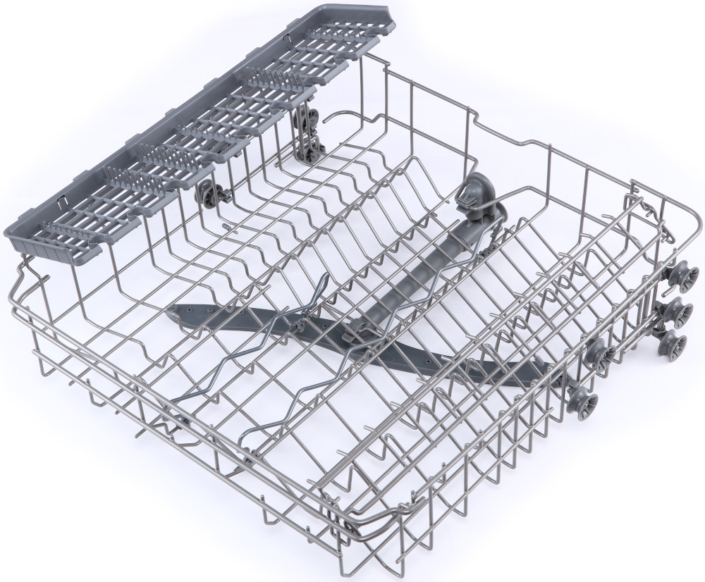 A dishwasher basket, empty and open, is shown against a white background. Silver metal.