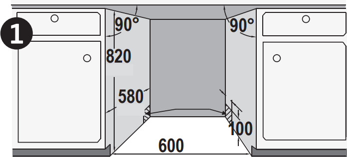A schematic of a kitchen layout with measurements and angles.