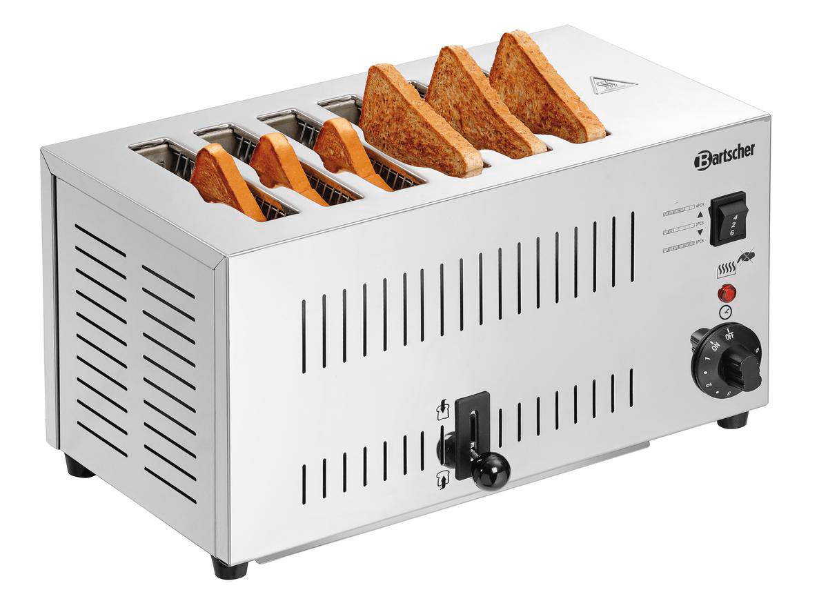 Ein Toaster aus Edelstahl mit sechs Schlitzen, gefüllt mit getoastetem Brot. Er hat ein Bedienfeld und ein 'Bartscher'-Logo.