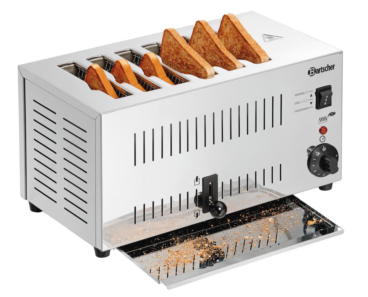 Ein Edelstahltoaster mit sechs Schlitzen, der Brot toastet. Krümel sind in der darunterliegenden Schale sichtbar. Die Marke ist Bartscher.