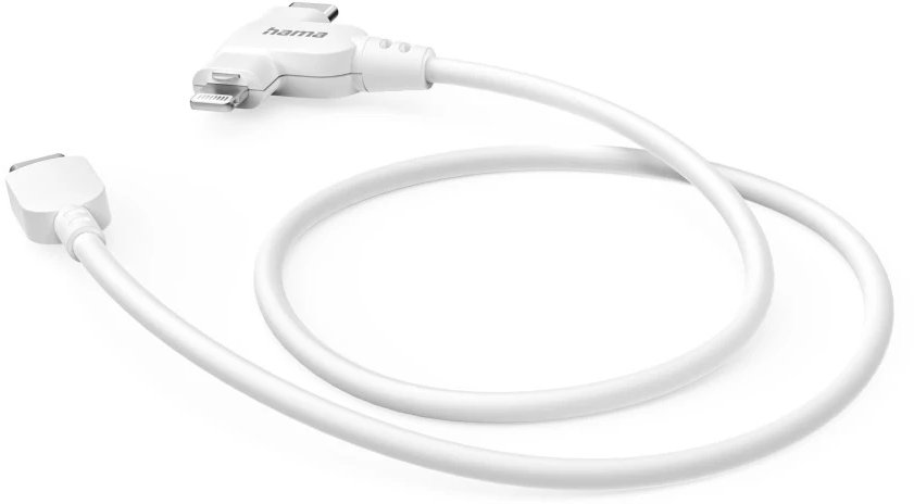 Weißes Ladekabel mit zwei Steckern. Die Marke 'hama' ist sichtbar. Weißer Hintergrund.