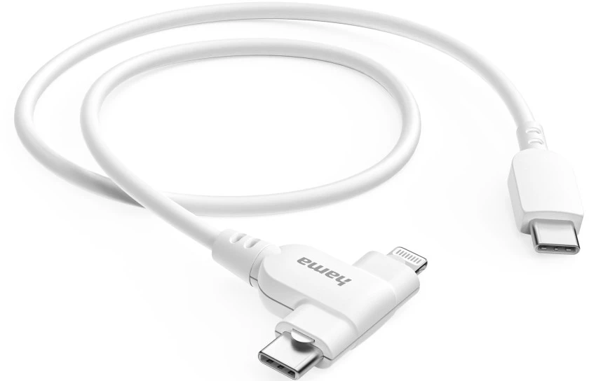 Ein weißes Multi-Anschlusskabel mit USB-C- und Lightning-Steckern.