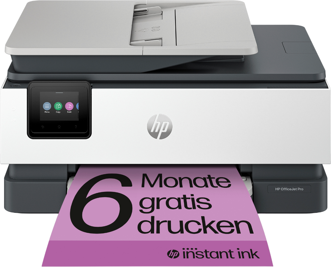 Weiß-grauer Drucker mit Bildschirm, der ein rosa Papier mit '6 Monate gratis drucken' bedruckt.