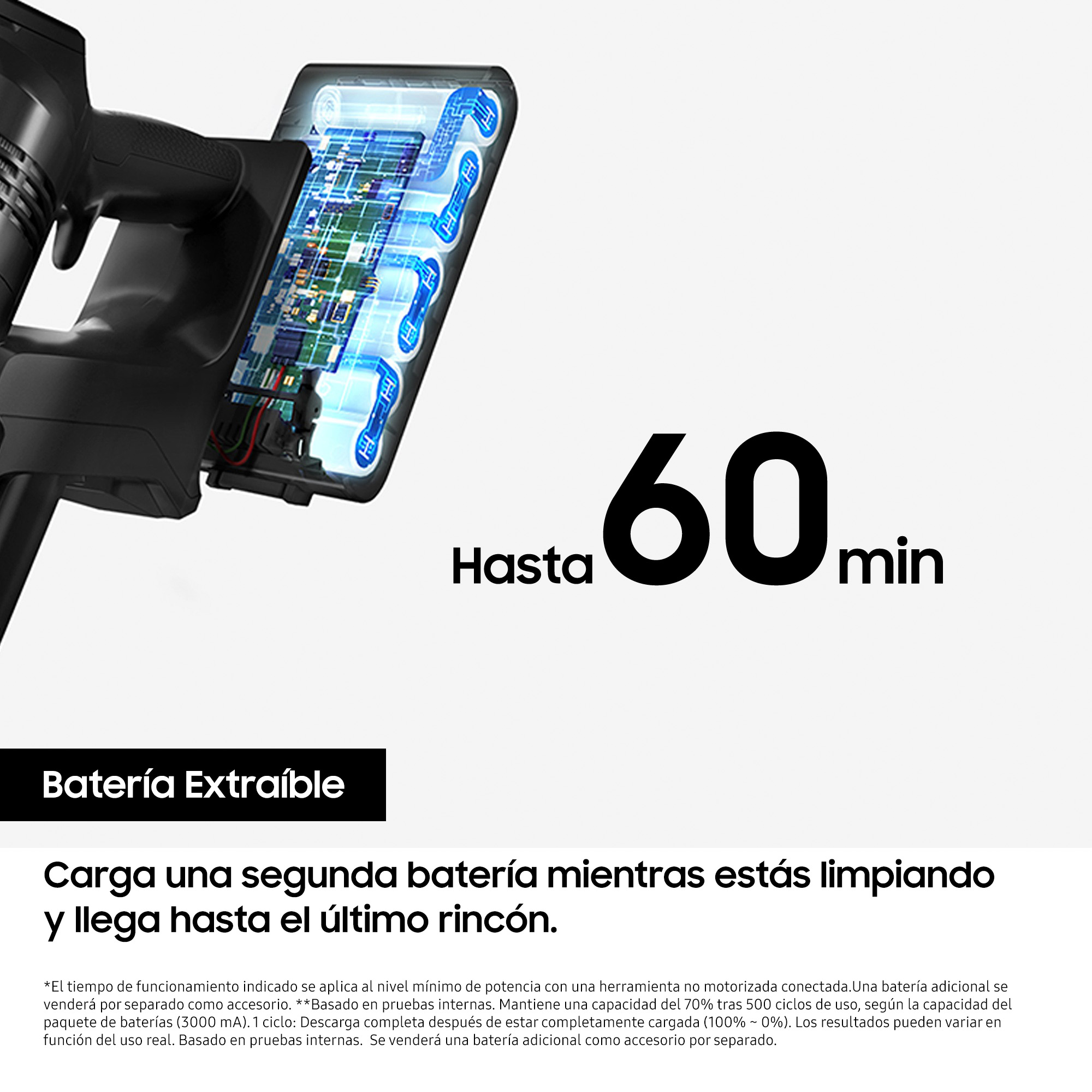Imagen con texto: '60 min'. Muestra un dispositivo negro. Texto en español sobre la duración de la batería.