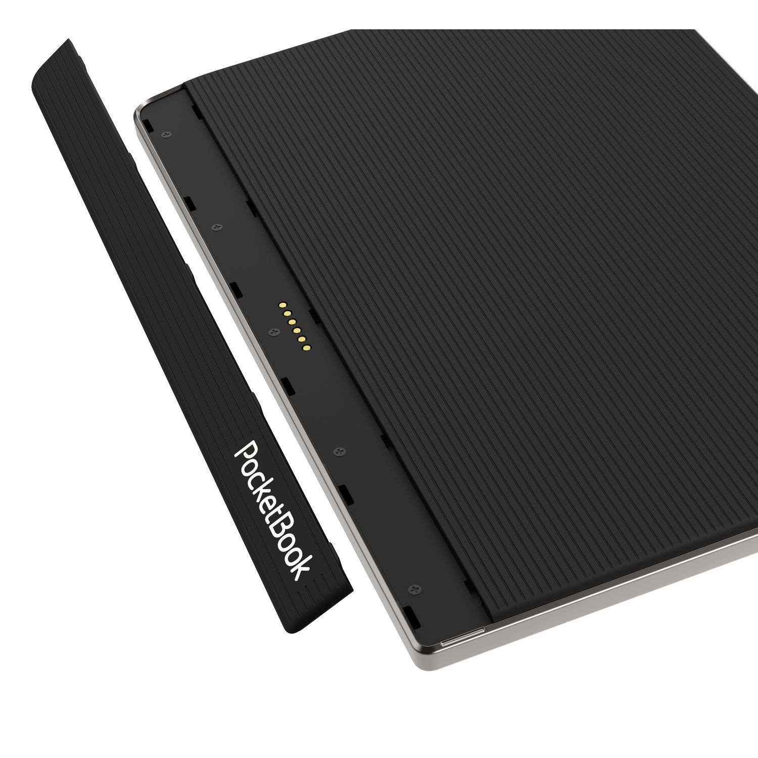 Liseuse avec une housse noire attachée, montrant un port de charge. Logo PocketBook sur la housse.