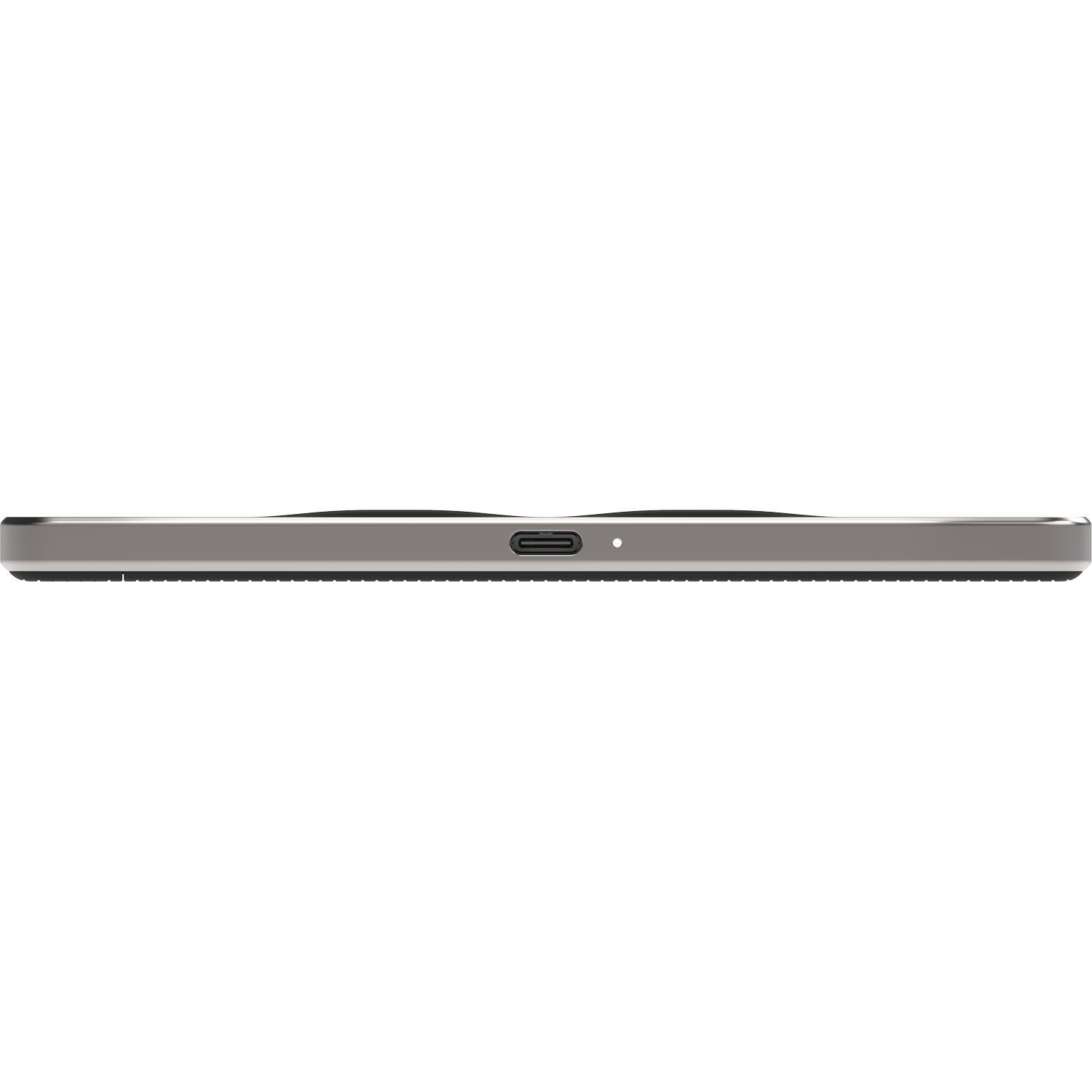 Liseuse, vue de côté. Cadre argenté, surface noire avec port de charge. Design simple.
