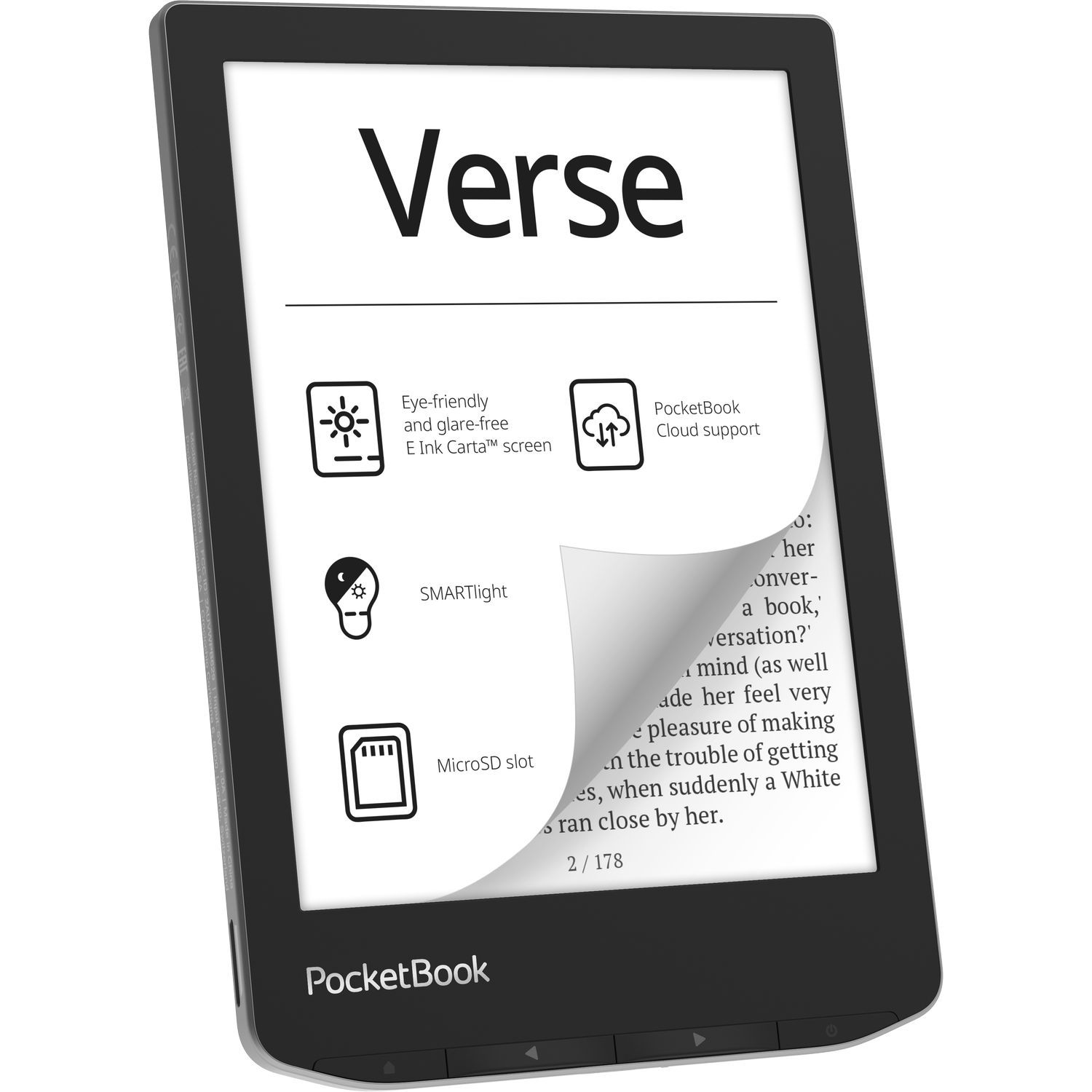 Black e-reader with text and icons on screen.