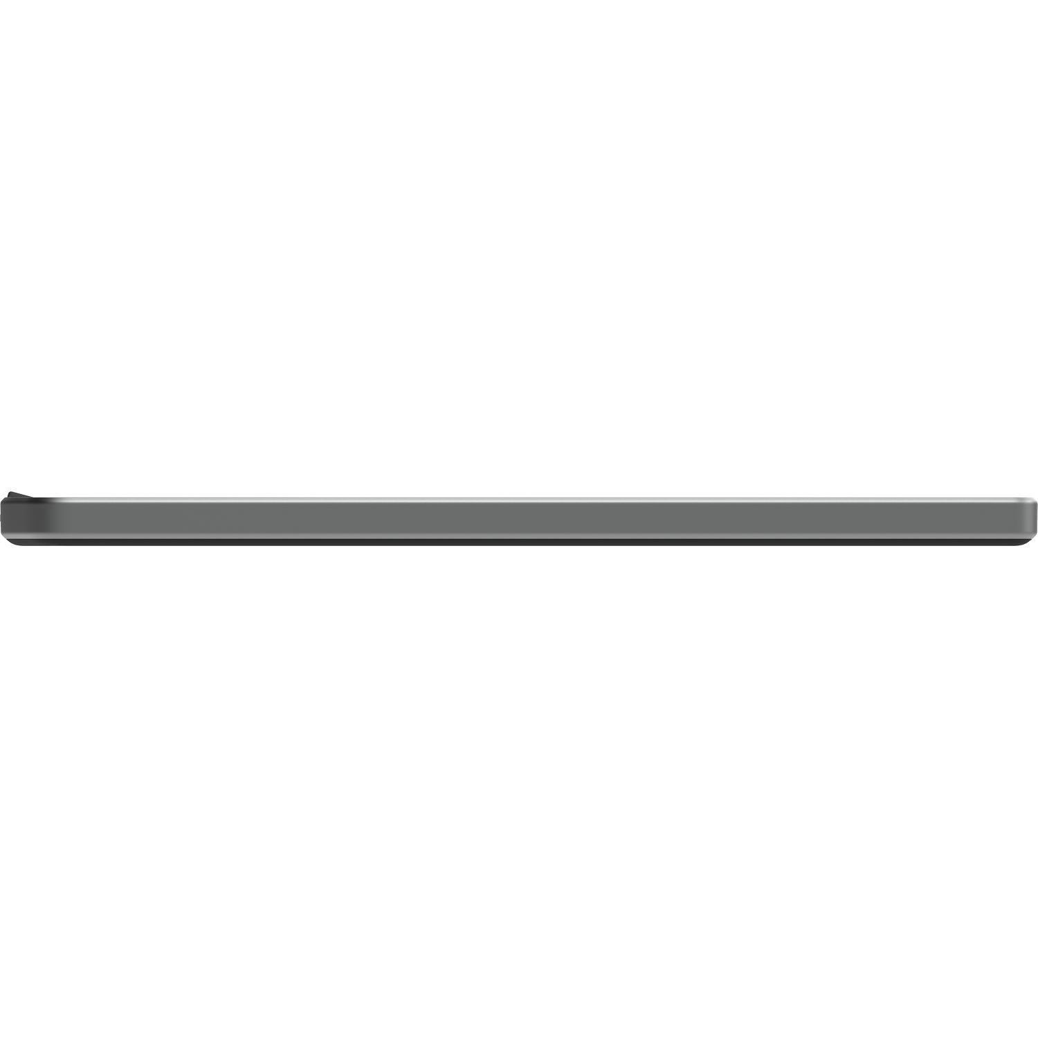 A side view of a thin, gray laptop.