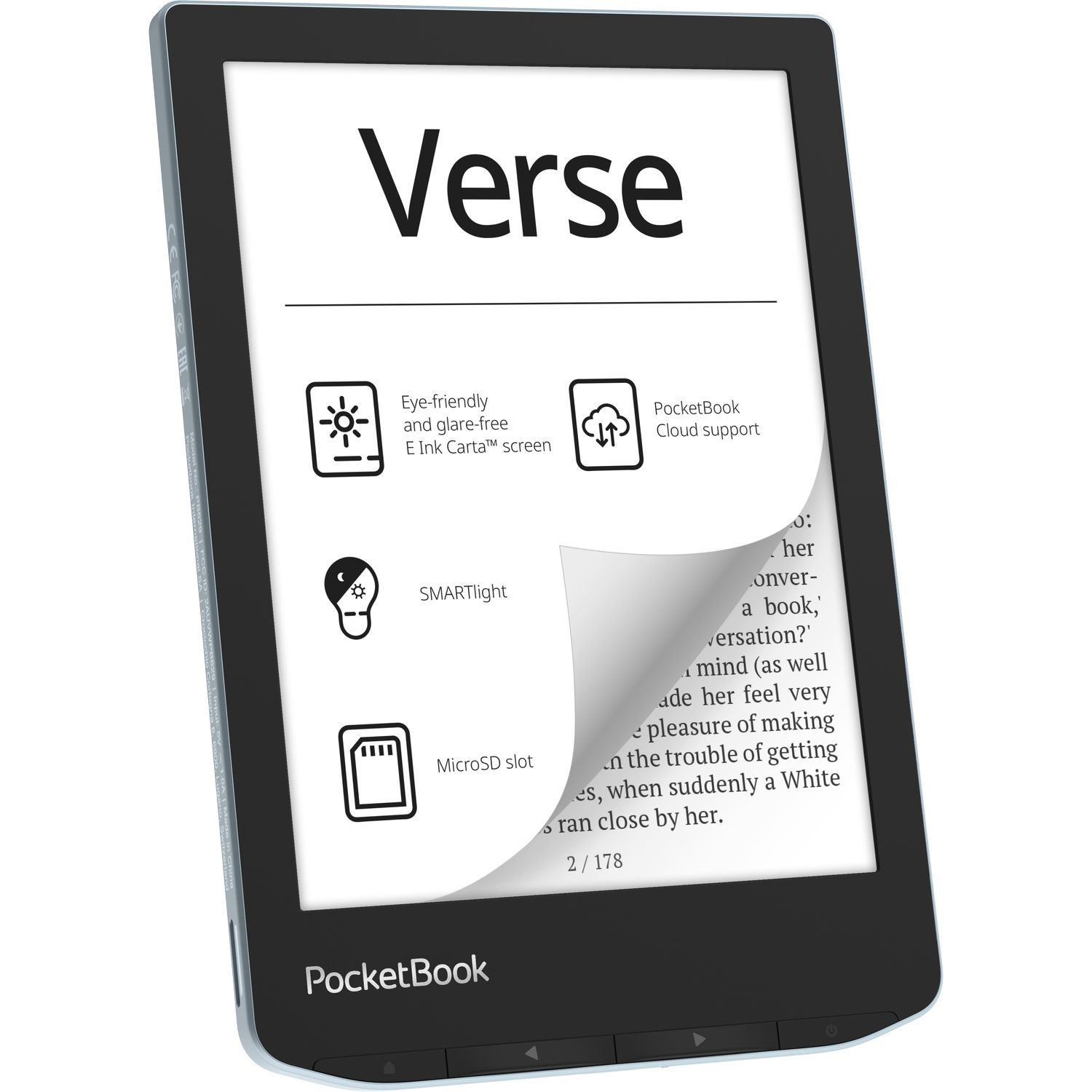 Black and silver e-reader with a page-turning animation showing text.