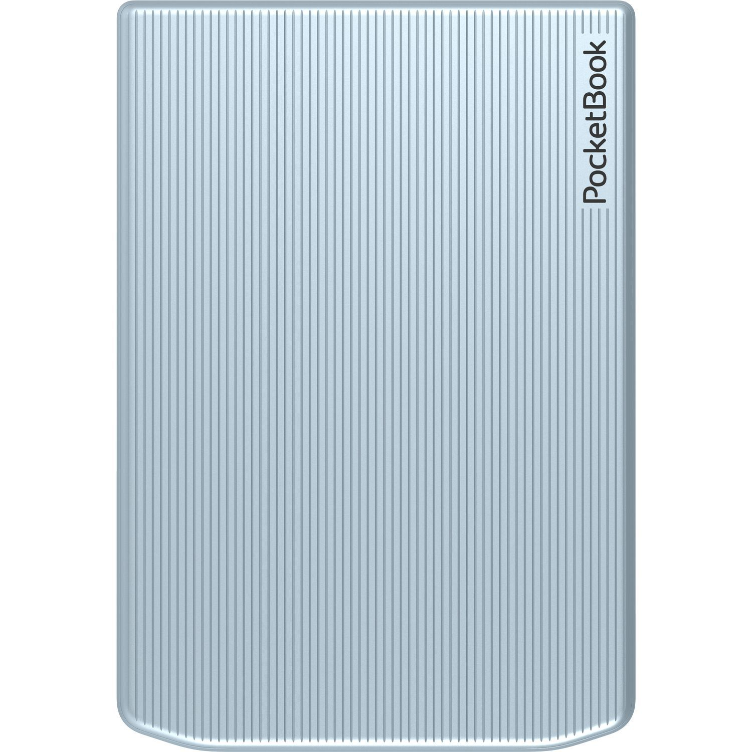 A light blue e-reader with vertical lines, with the PocketBook logo. The cover is closed.