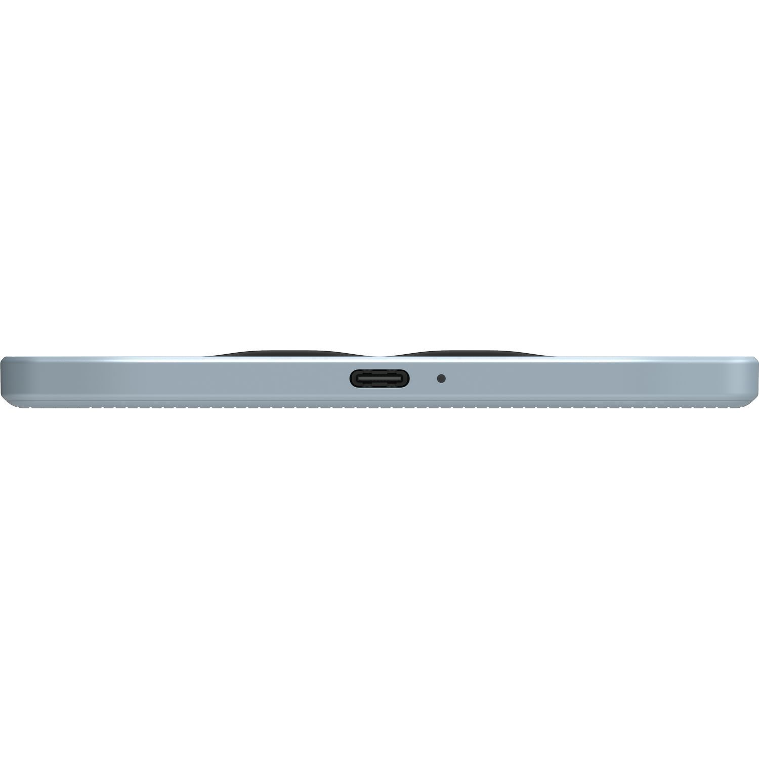 Side view of a light blue phone with a charging port.
