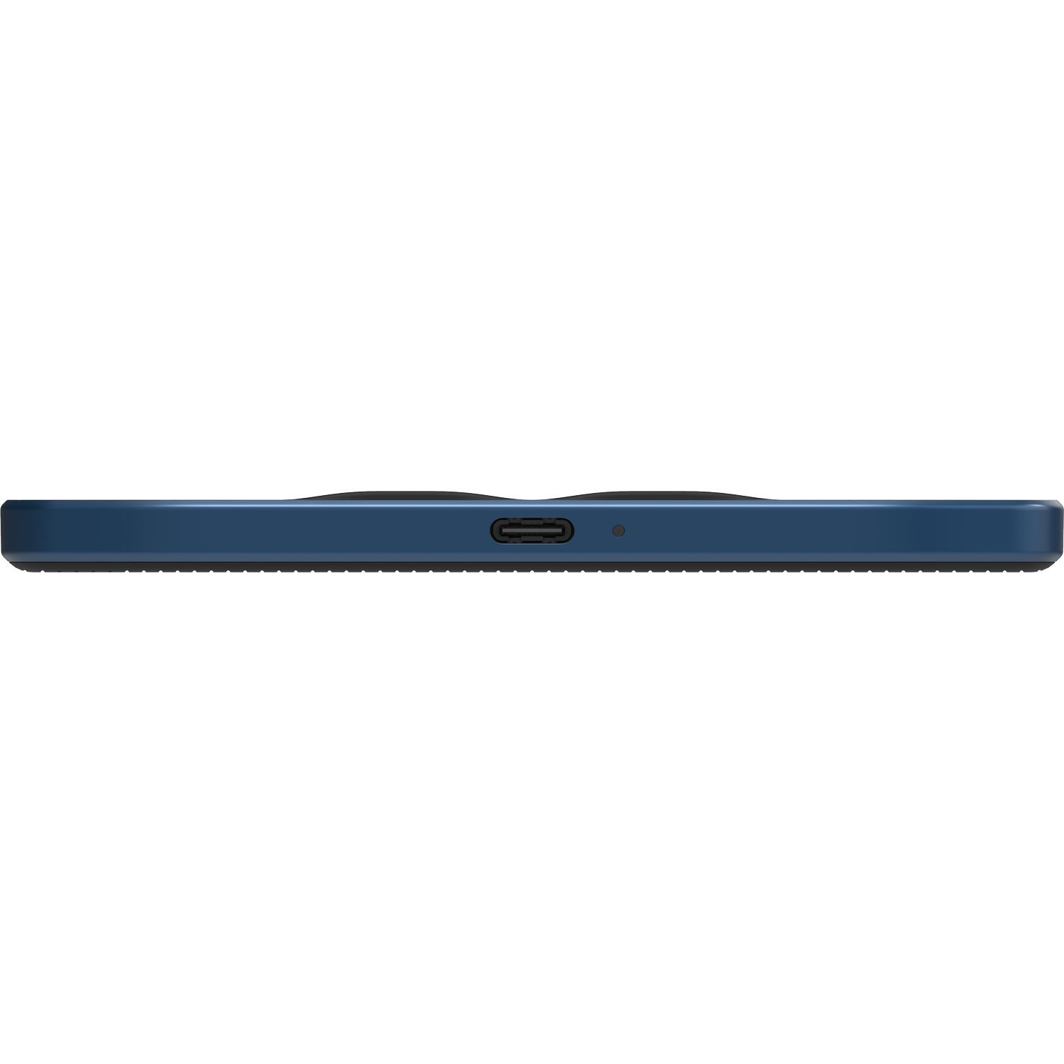 Bord inférieur d'un téléphone bleu montrant un port USB-C.