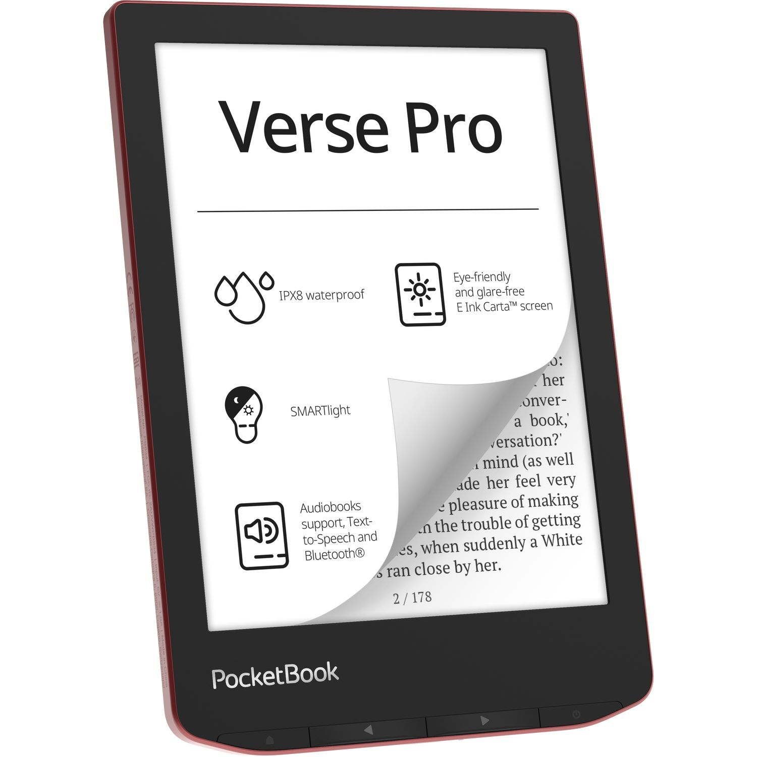E-reader with a red border, showing a book page and icons.