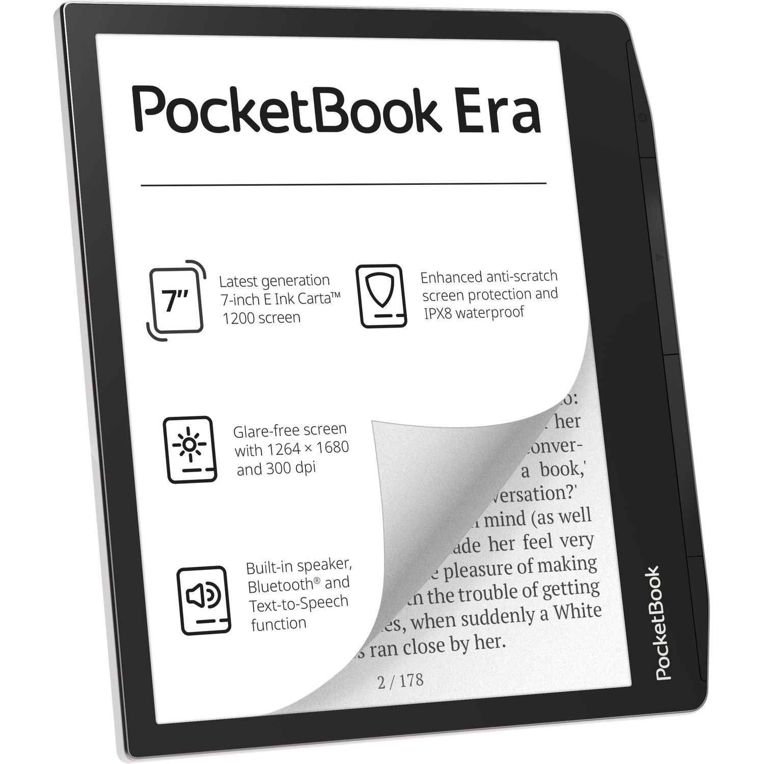 Un lecteur électronique PocketBook Era noir, avec son écran affichant du texte.