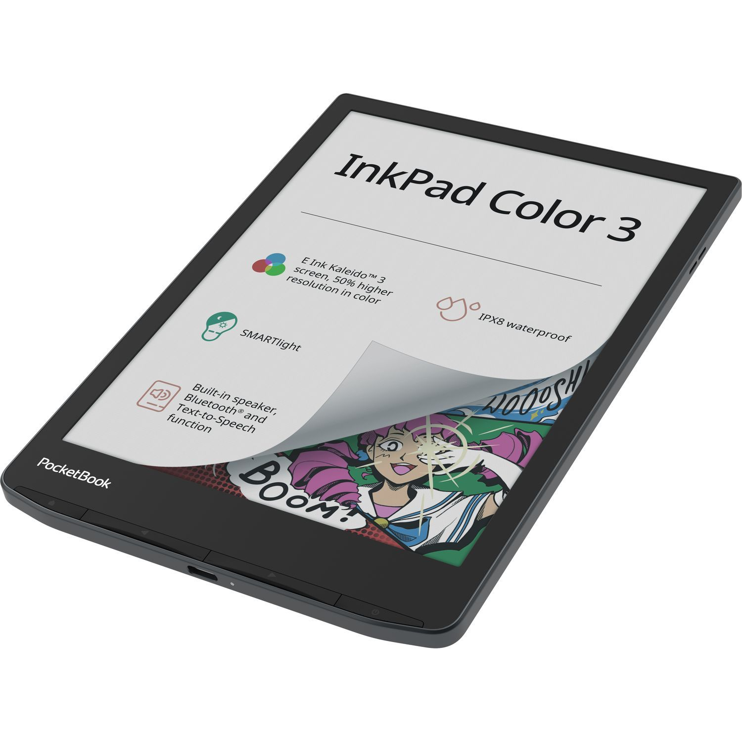 Liseuse InkPad Color 3 avec illustration de bande dessinée colorée à l'écran.