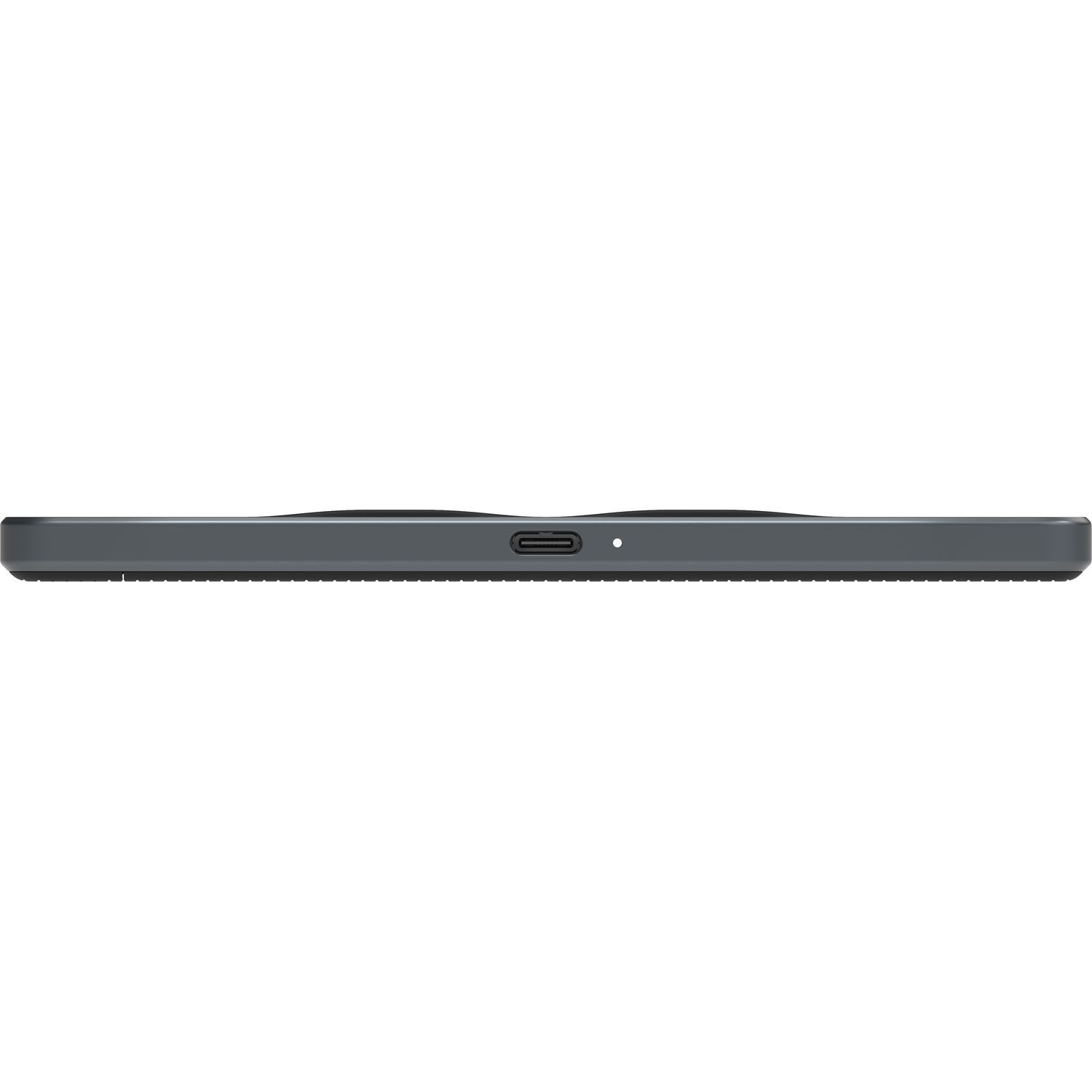 Vue latérale d'une tablette gris foncé avec un port de chargement.