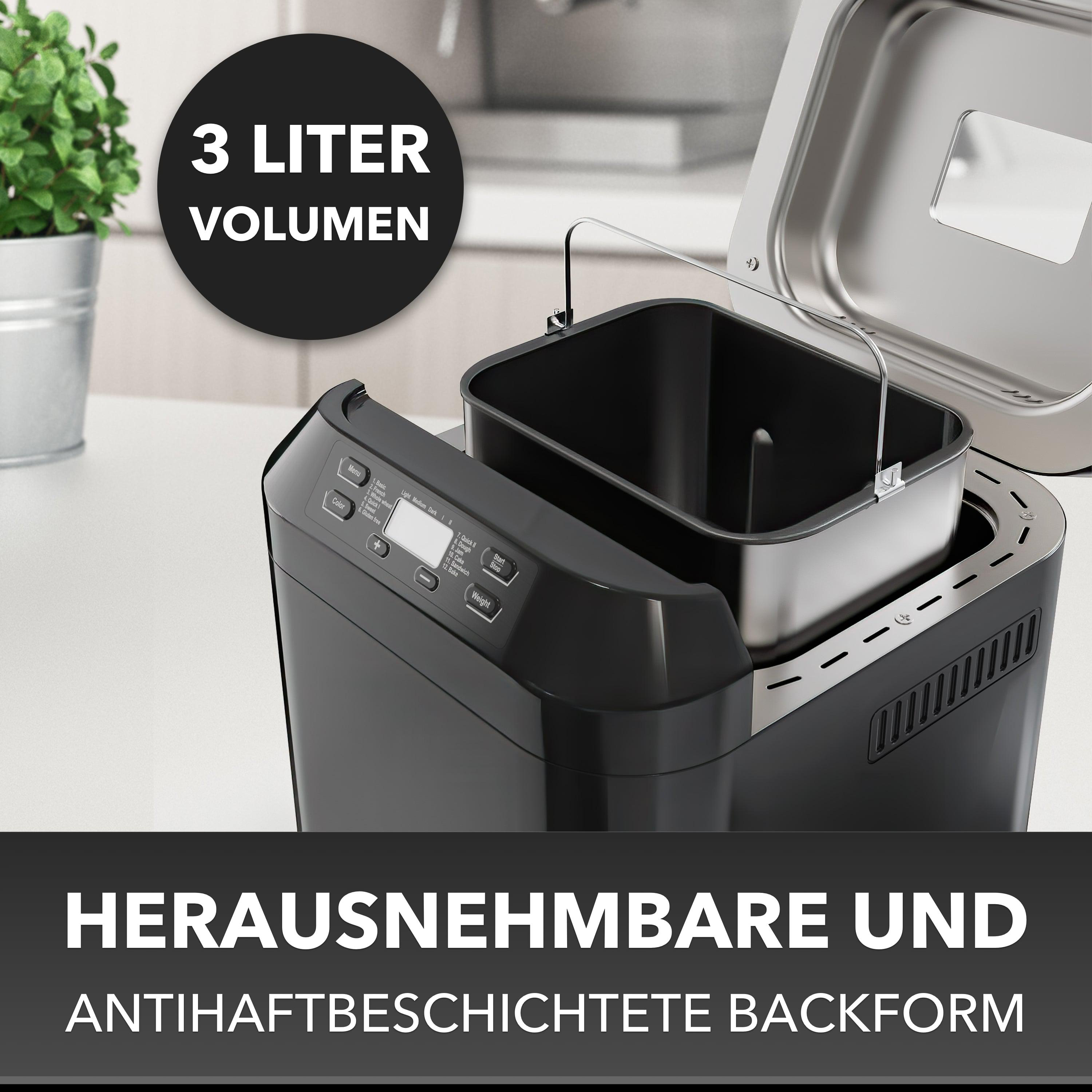 Schwarzer Brotbackautomat mit herausnehmbarer, antihaftbeschichteter Backform und Text '3 Liter Volumen'.