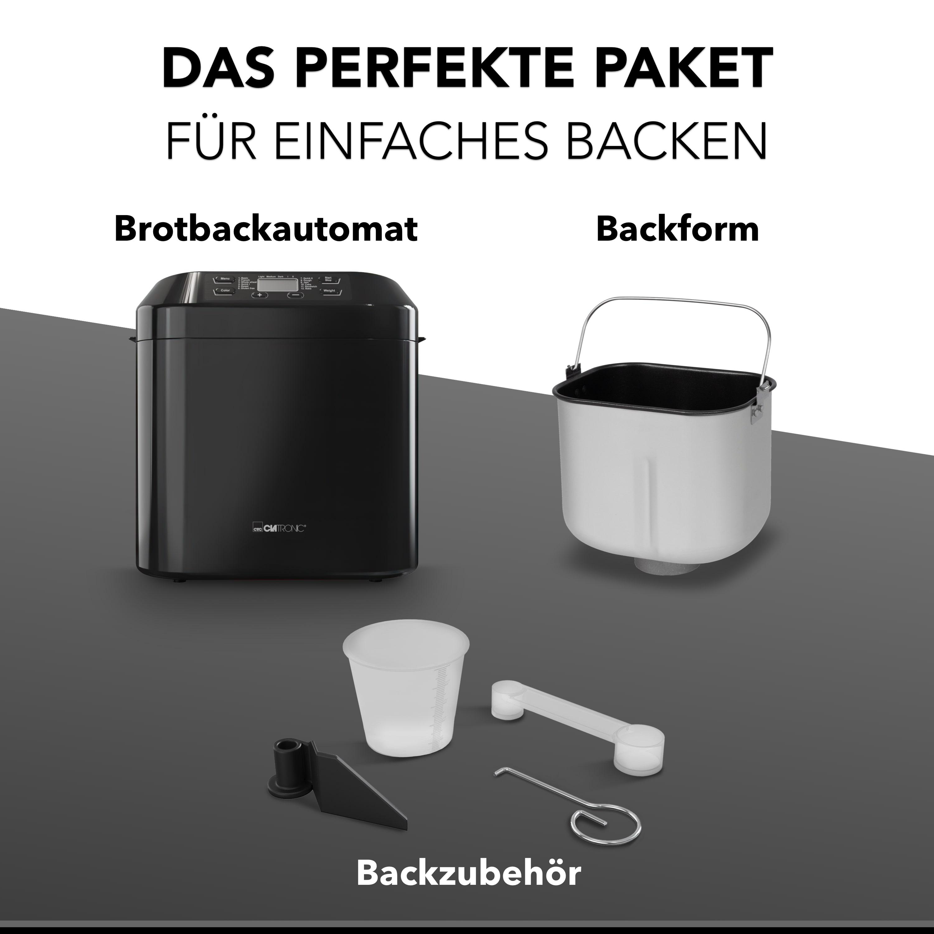 Ein Brotbackautomat und eine Backform mit Zubehör. Die Artikel sind schwarz und weiß.