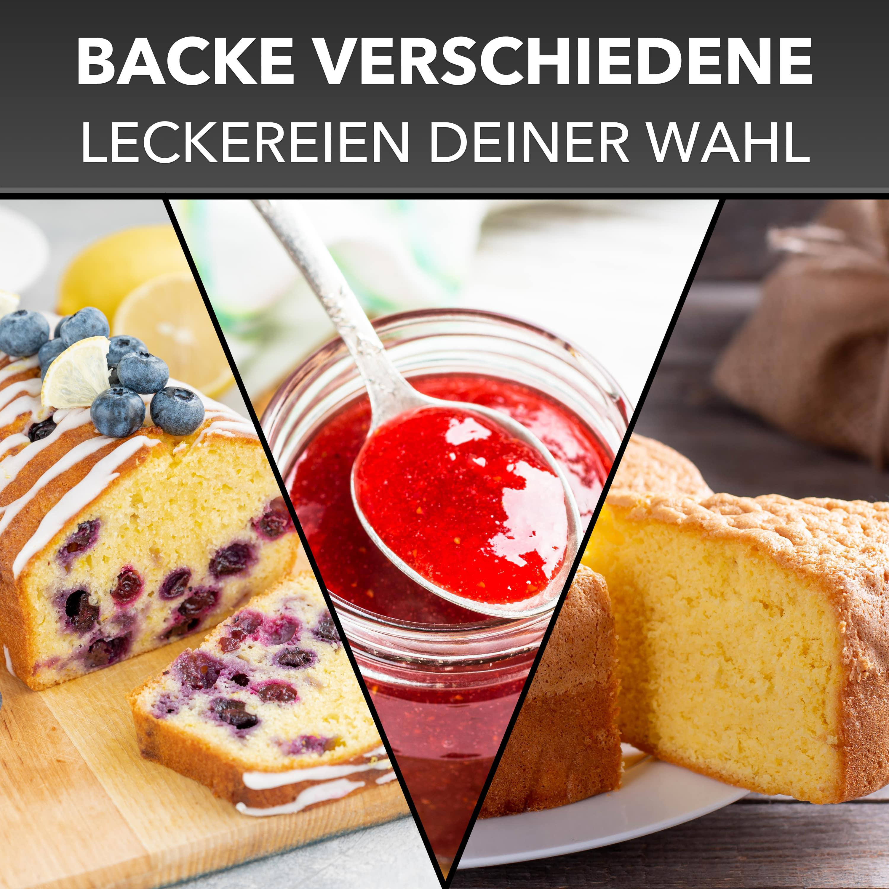 Drei Bilder von Backwaren: Blaubeerkuchen, Erdbeermarmelade und ein einfacher Kuchen.
