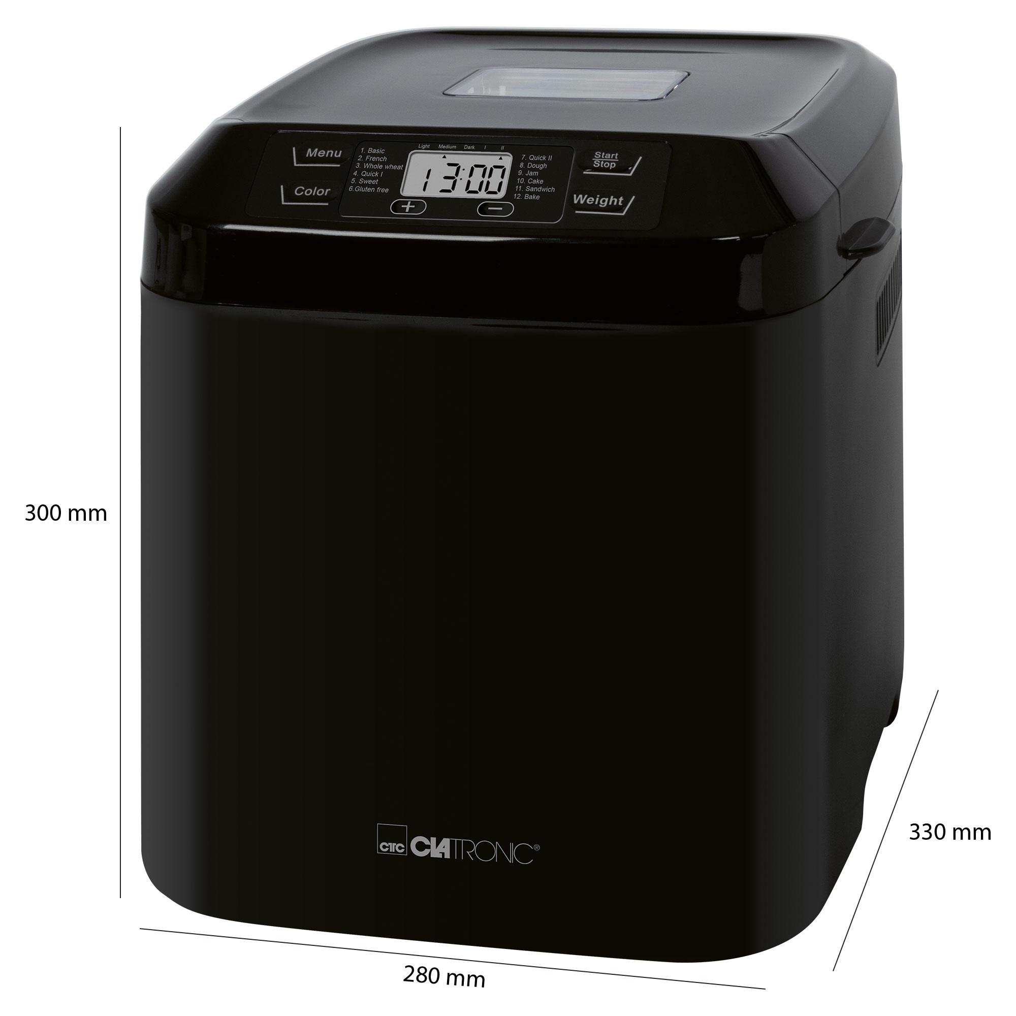 Ein schwarzer Brotbackautomat mit Digitalanzeige, Abmessungen werden angezeigt.