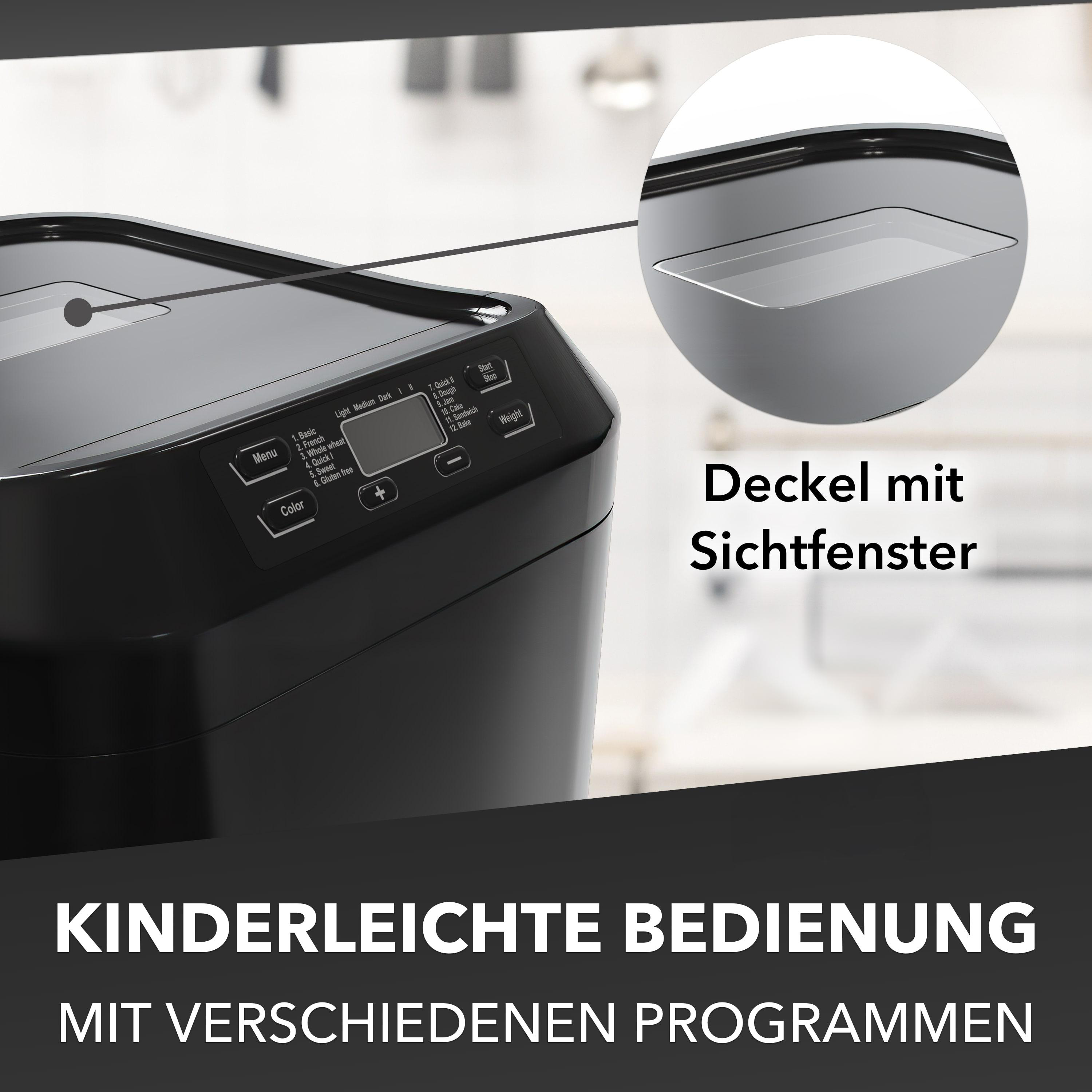 Ein schwarzer Brotbackautomat mit Digitalanzeige und transparentem Deckel.
