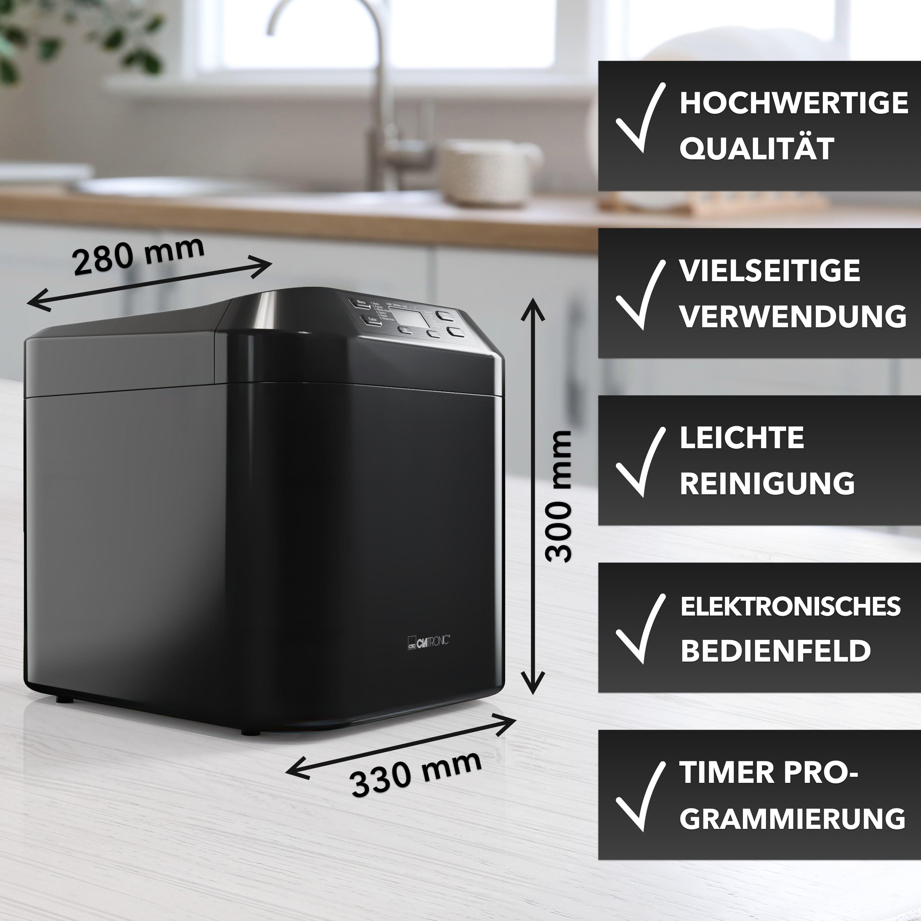 Schwarzer Brotbackautomat mit Abmessungen und Infografiken.
