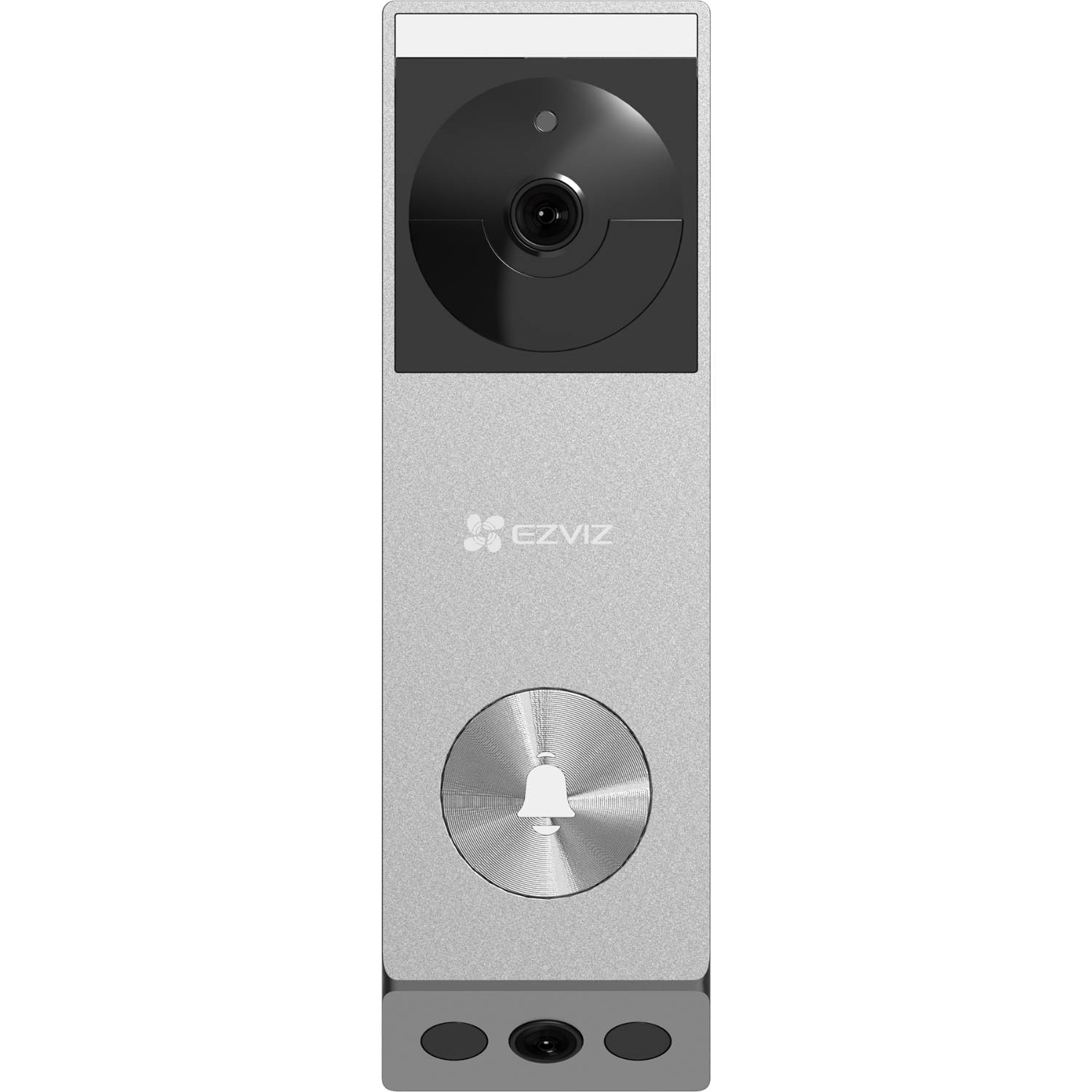Silver doorbell with a camera and a bell button.