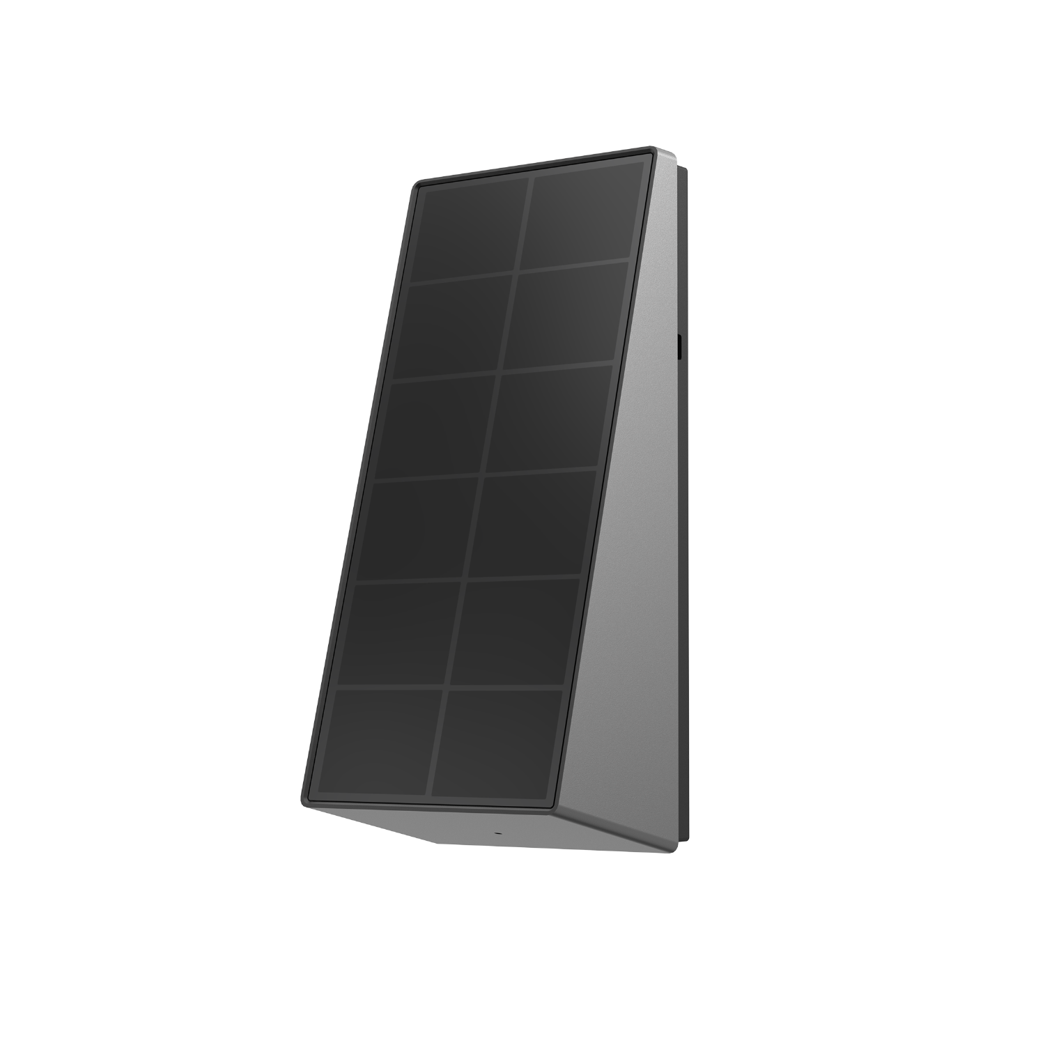 A solar panel, angled, black with a gray frame, against a black background.