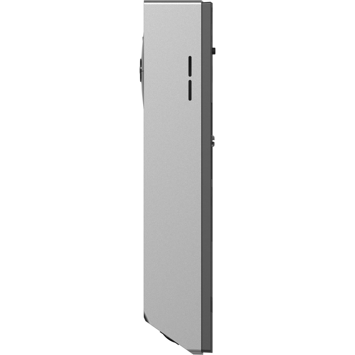 Side view of a silver device with a black side and two vertical lines.