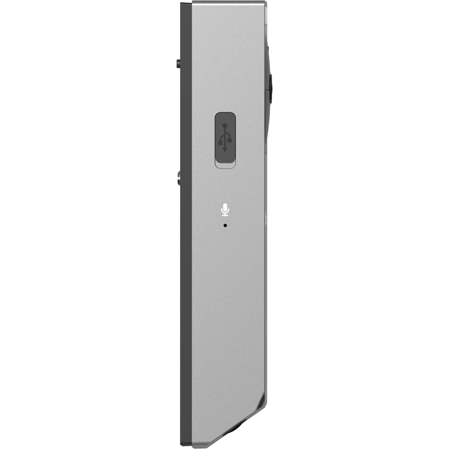 Side profile of a silver, rectangular device with a USB port and a microphone symbol. Black background.
