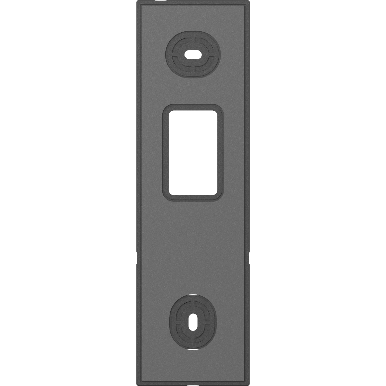 A gray door plate with a rectangular cutout and two circular holes, centered on a black background.