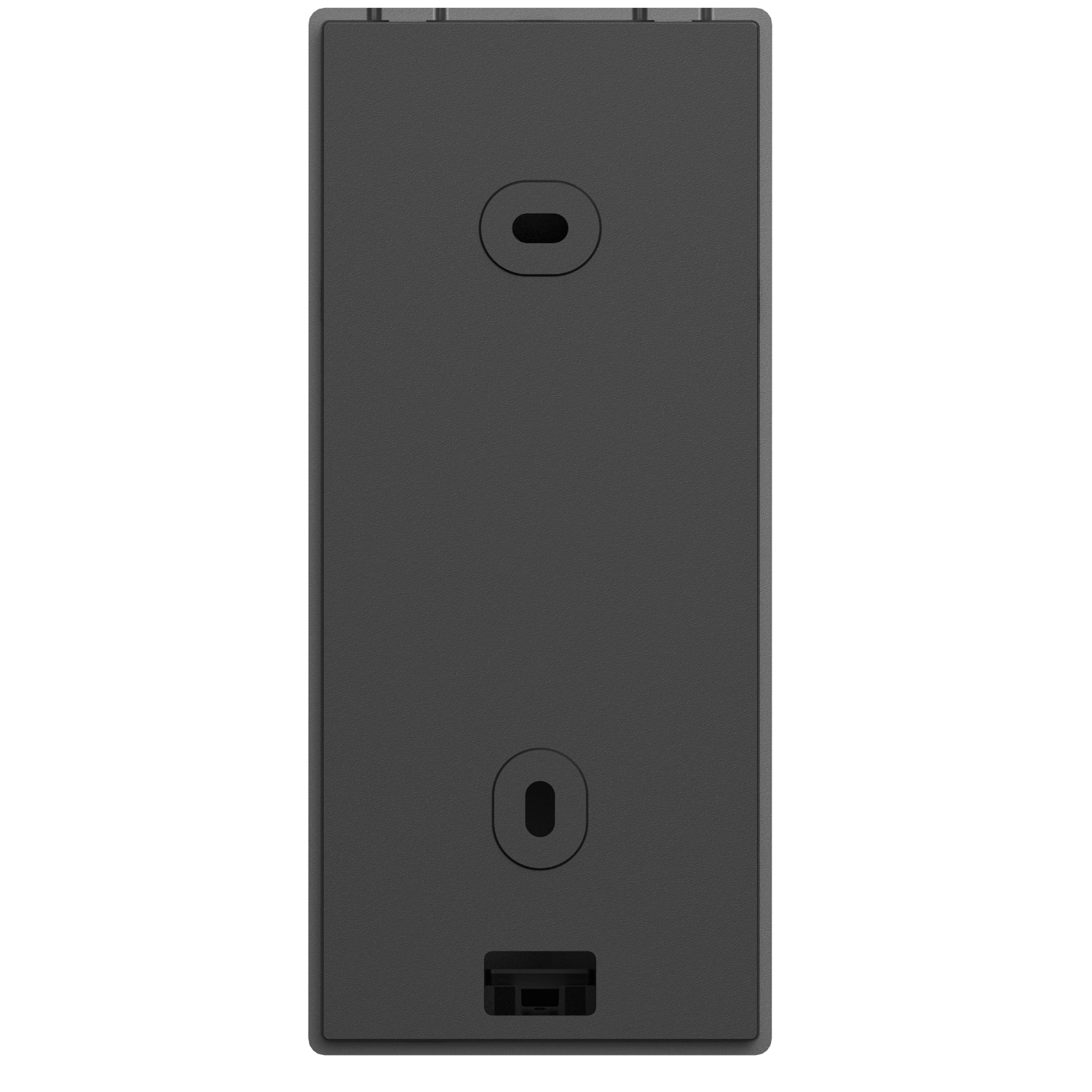 Back view of a dark grey switch panel with two holes and a slot.
