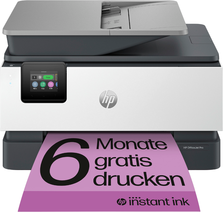 Weißer und grauer HP-Drucker mit Bildschirm und einem pinken Papier mit "6 Monate gratis drucken".