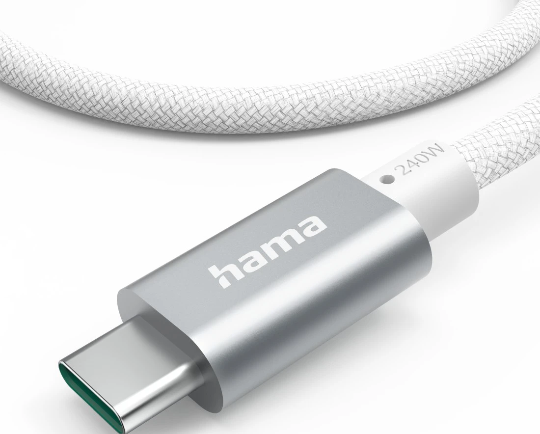 Câble USB-C blanc avec connecteur argenté et marquage 240W.