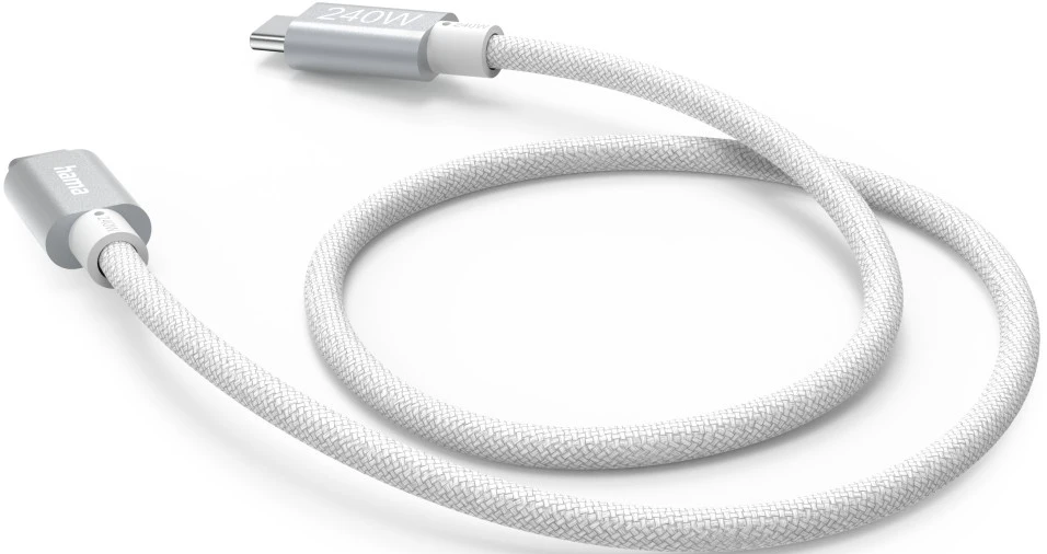 Un câble USB-C blanc avec des connecteurs argentés sur fond blanc.