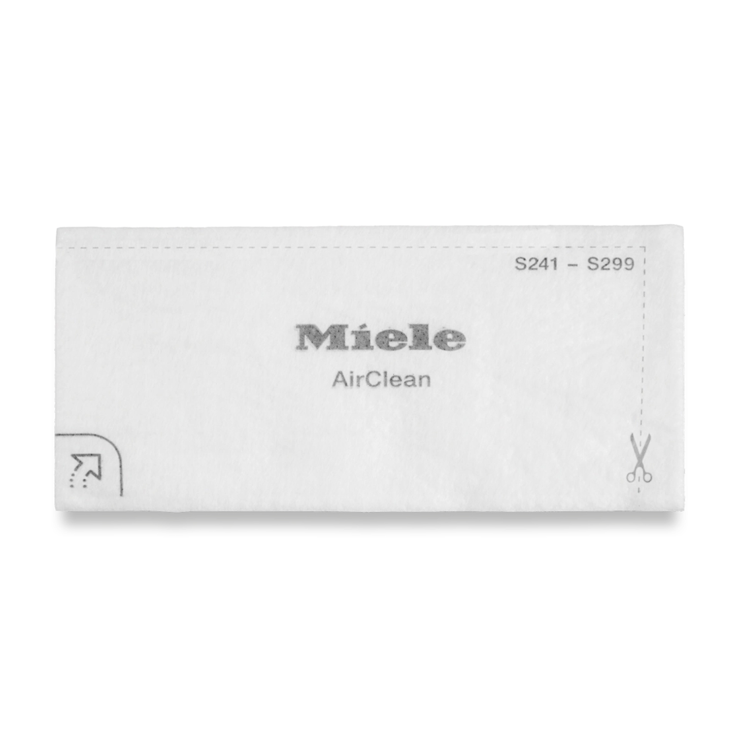 Un filtro bianco con il logo Miele AirClean è visualizzato su sfondo bianco.