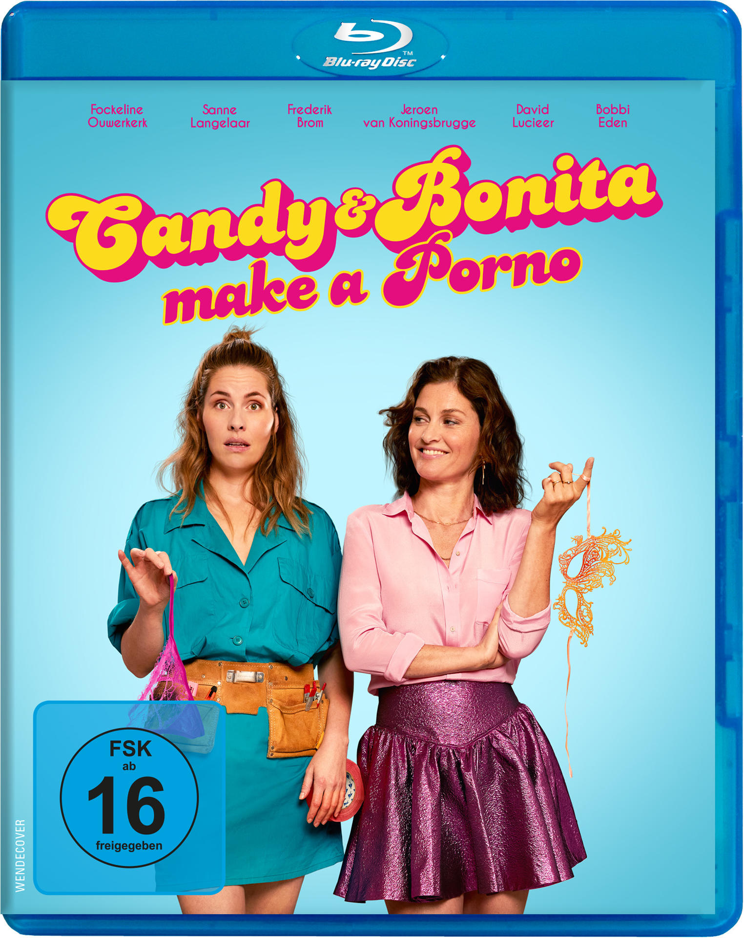 Blu-ray-Cover. Zwei Frauen. Titel: Candy & Bonita machen einen Porno. Rosa und türkisfarbener Hintergrund.