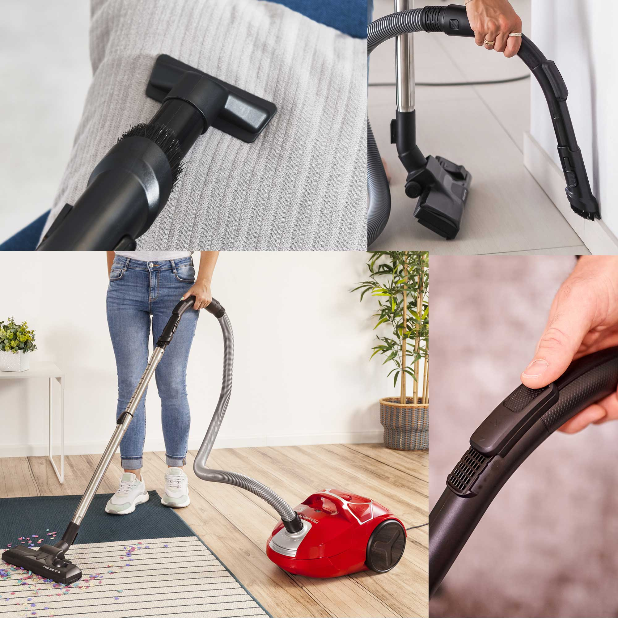 Un collage que muestra diferentes partes de una aspiradora roja con varios accesorios, en uso.