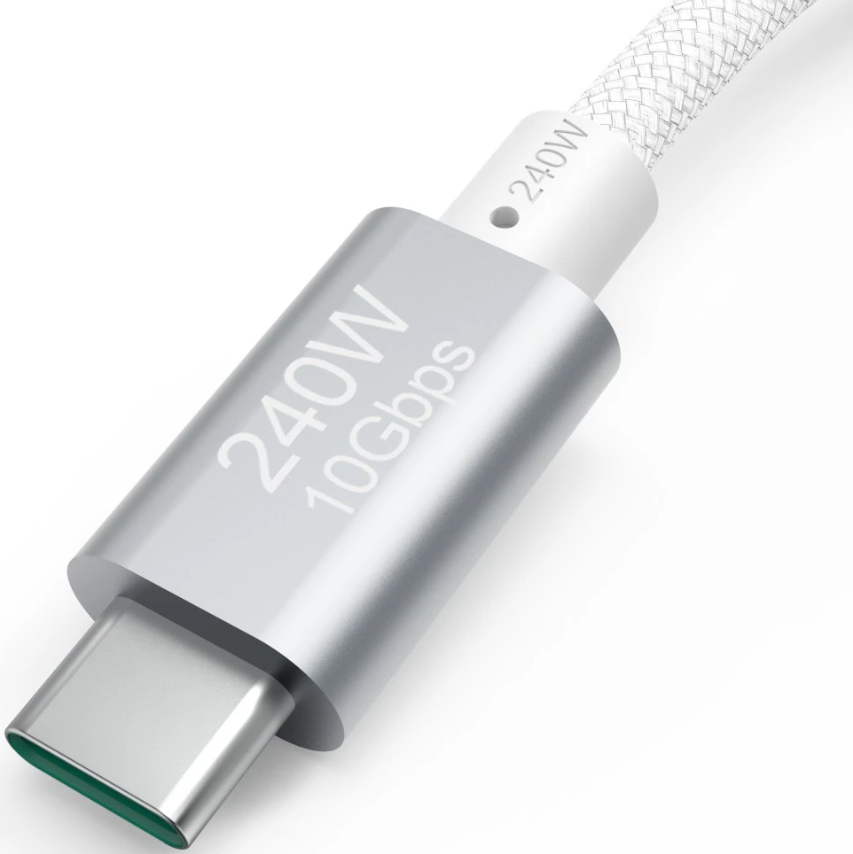 Silbernes USB-C-Kabel mit Text '240W 10Gbps' und weißem Kabel.