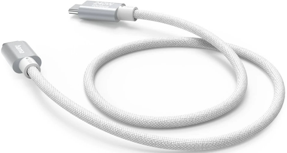 Weißes und silbernes USB-C-Ladekabel. Das Kabel ist aufgerollt.
