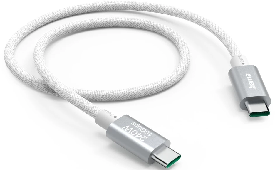 Ein weißes USB-C-Kabel mit silbernen Steckern, beschriftet mit 240W 10Gbit/s, vor weißem Hintergrund.
