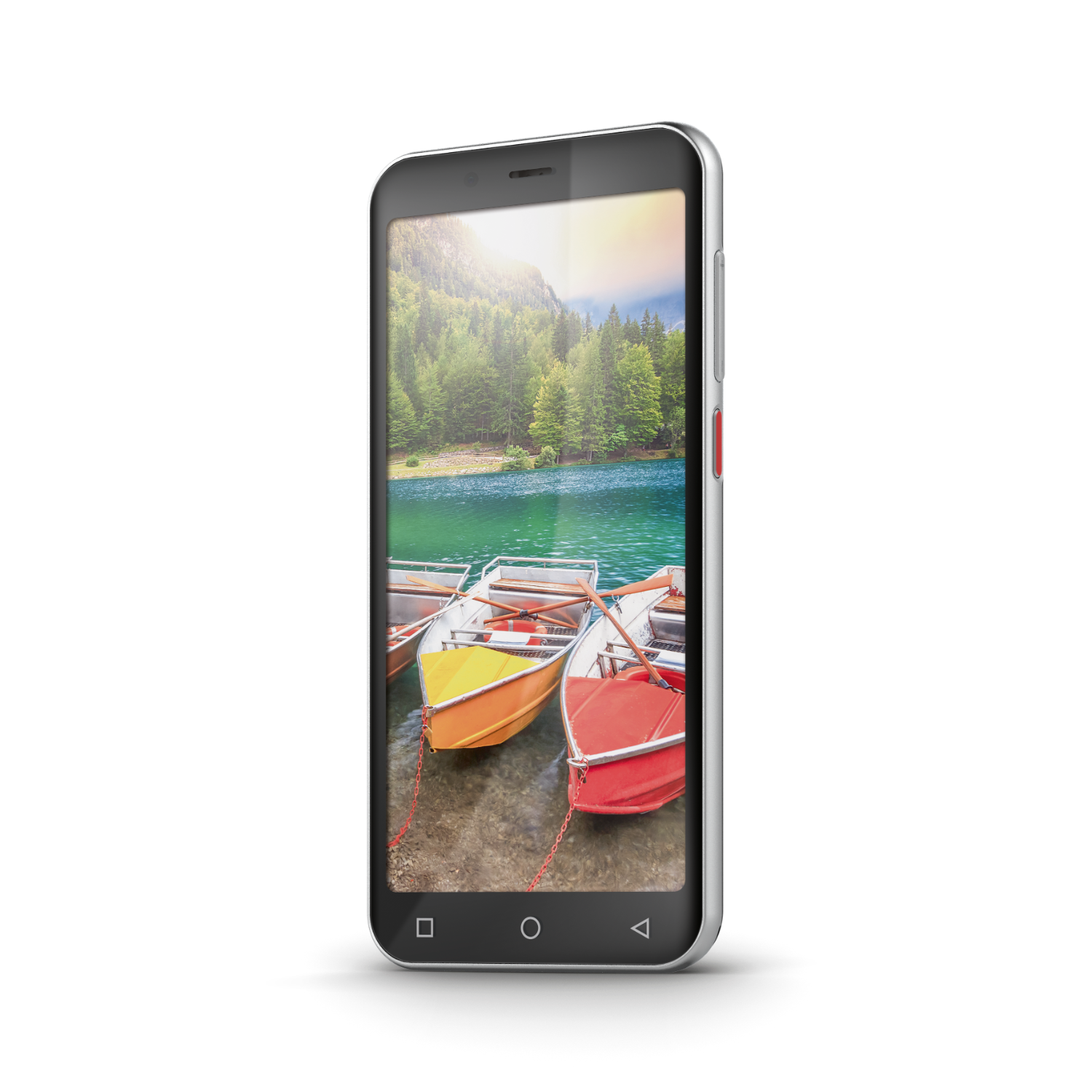 A smartphone displays a lake scene with boats. The phone has a white frame and is on a black backdrop.