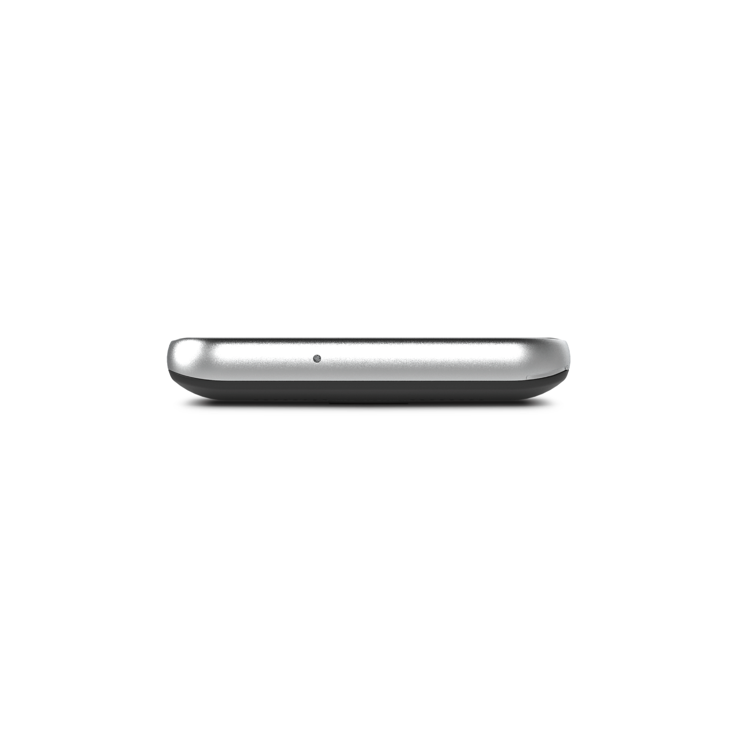 Black device's side view. It has a silver edge and a single hole.
