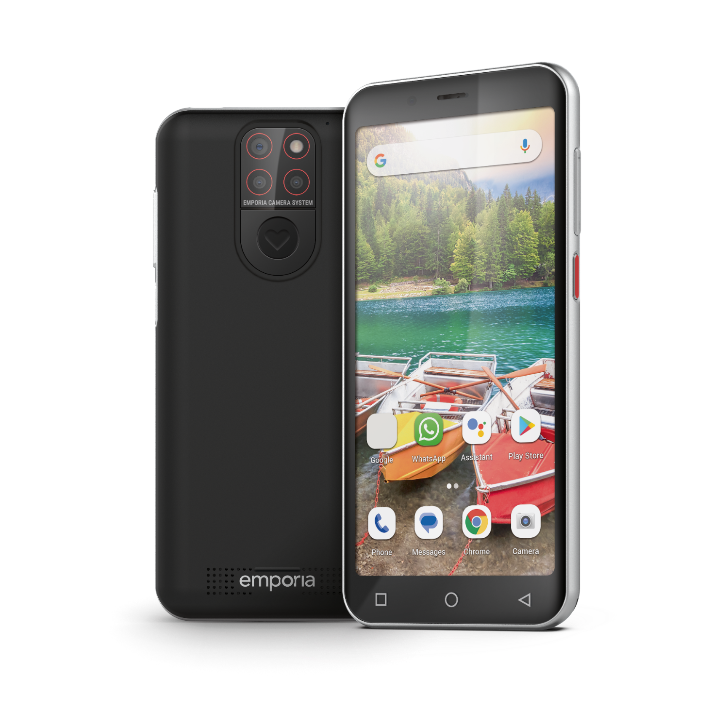 Two smartphones. One shows app icons; the other shows the back with cameras and logo.