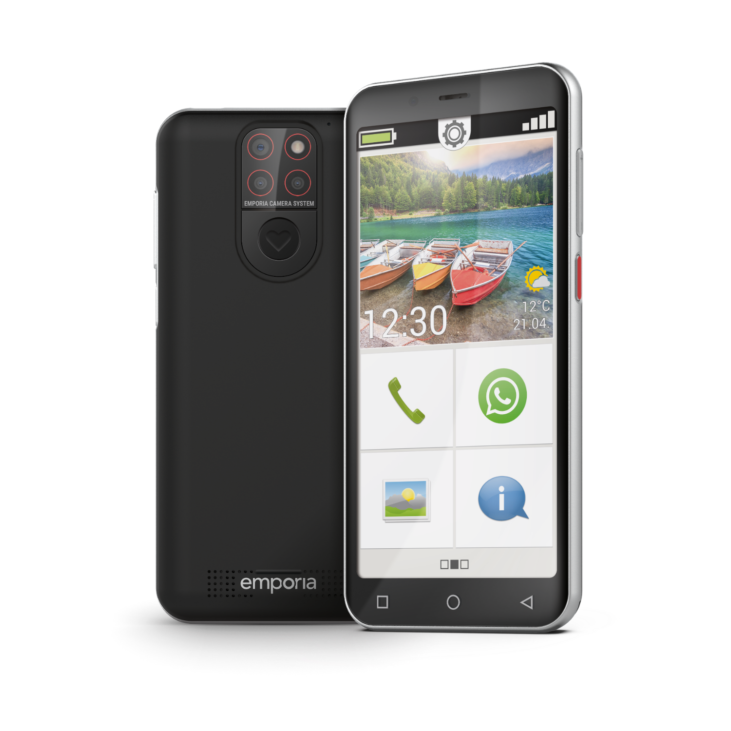 A black and white smartphone, displaying a home screen with large icons.