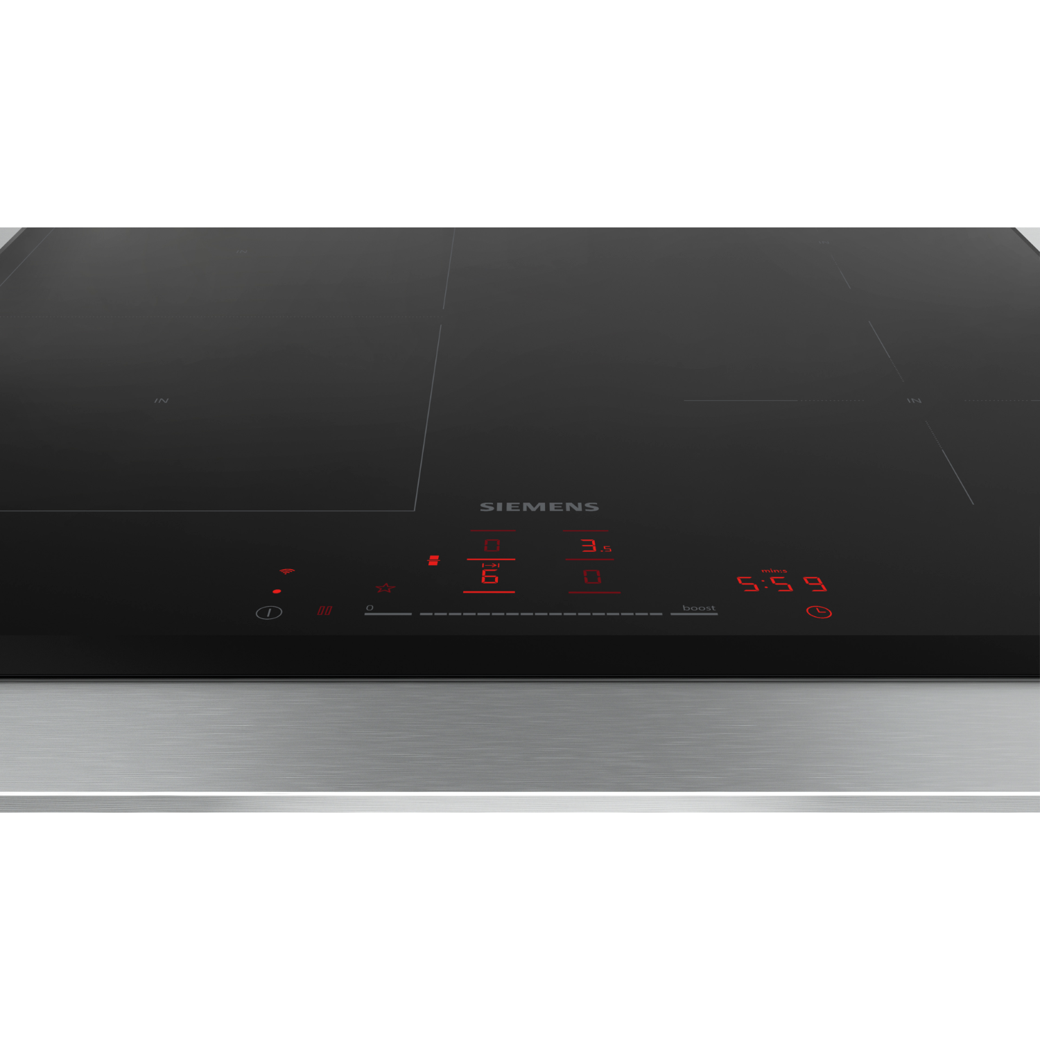 Black Siemens induction cooktop with red digital displays at the bottom.