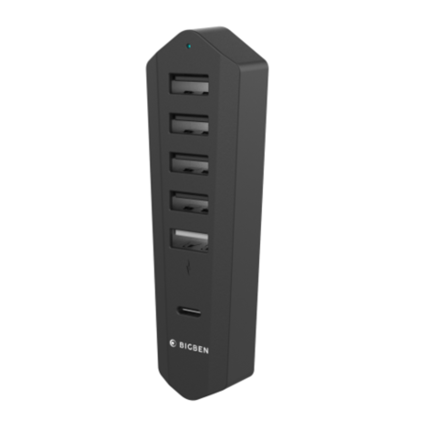 Black USB hub with six ports, and a USB-C port.