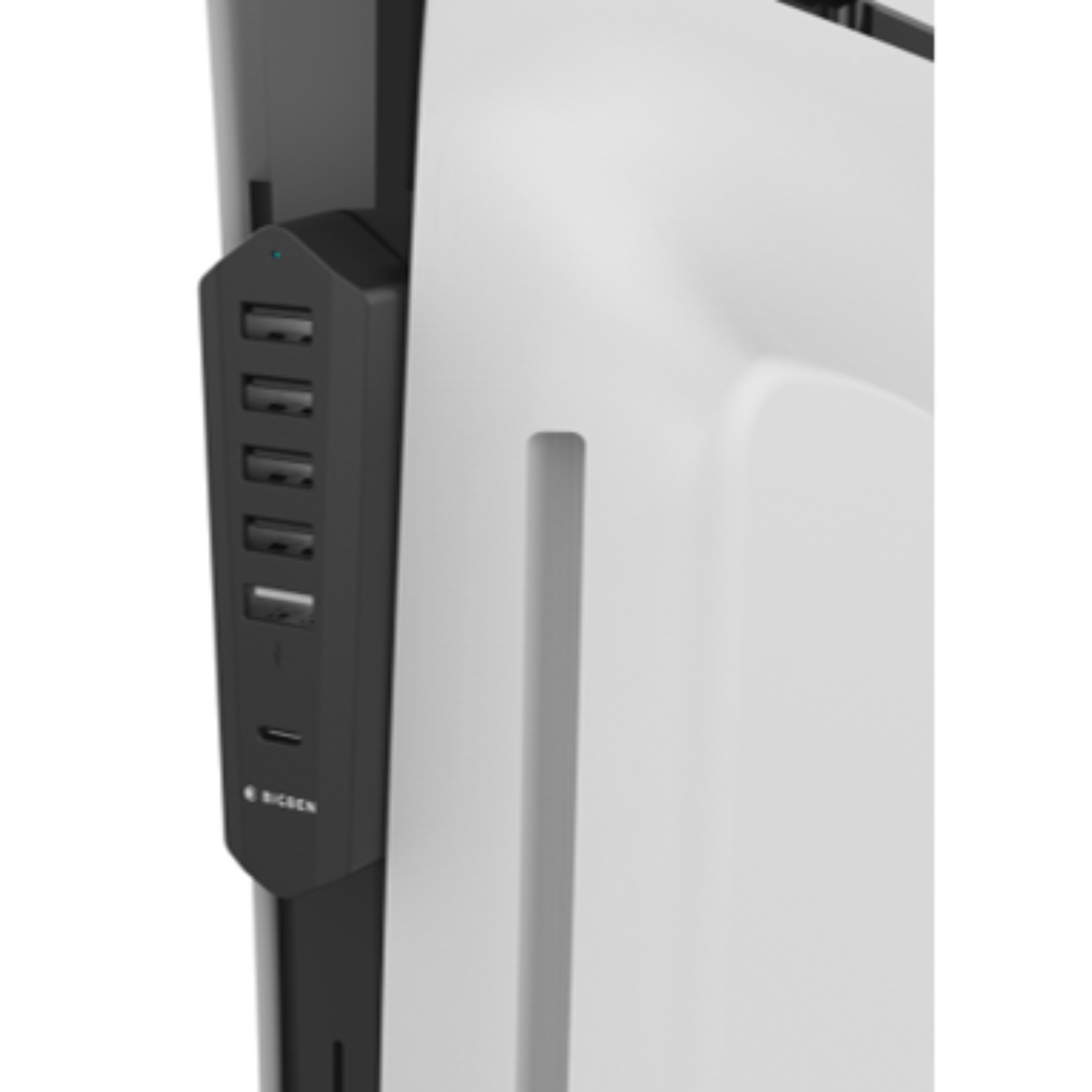 Black USB hub with multiple ports attached to a white gaming console.