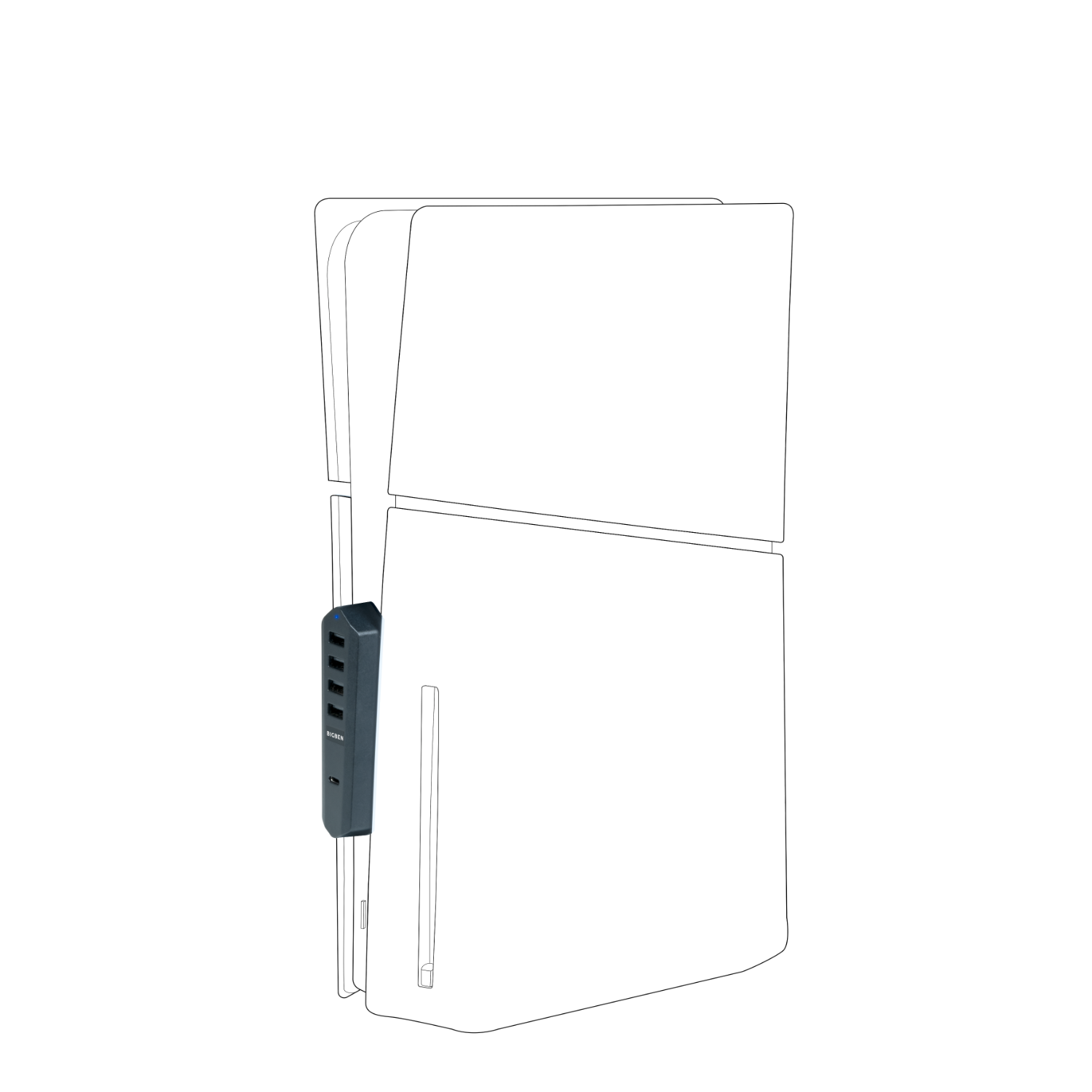 A white PS5 console with a black power adapter attached to the side.